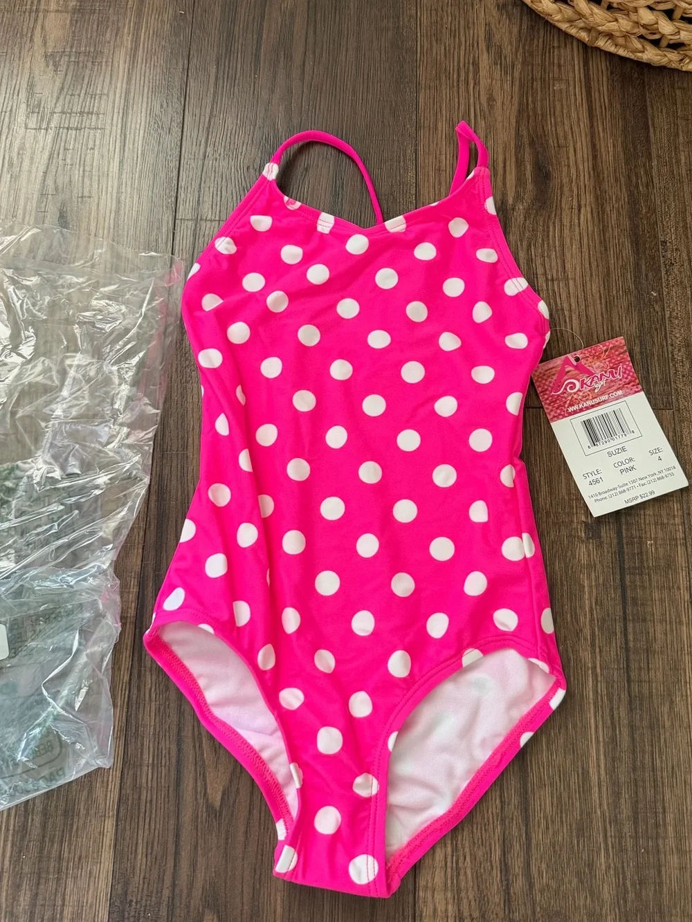 Kanu Surf Girl's Pink Polka Dot Daisy One Piece  Beach Sport Swimsuit Size 4 New